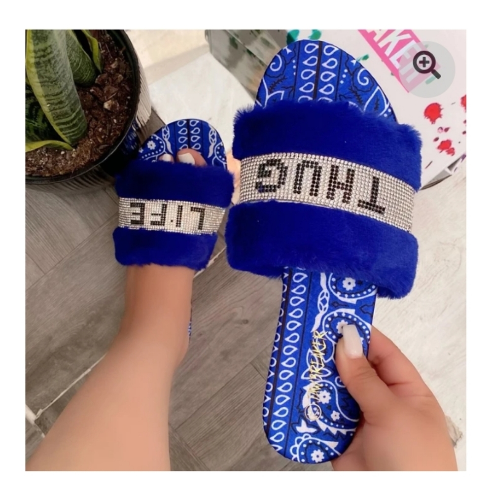 Blue Bandana Faux Fur Slides Sandal